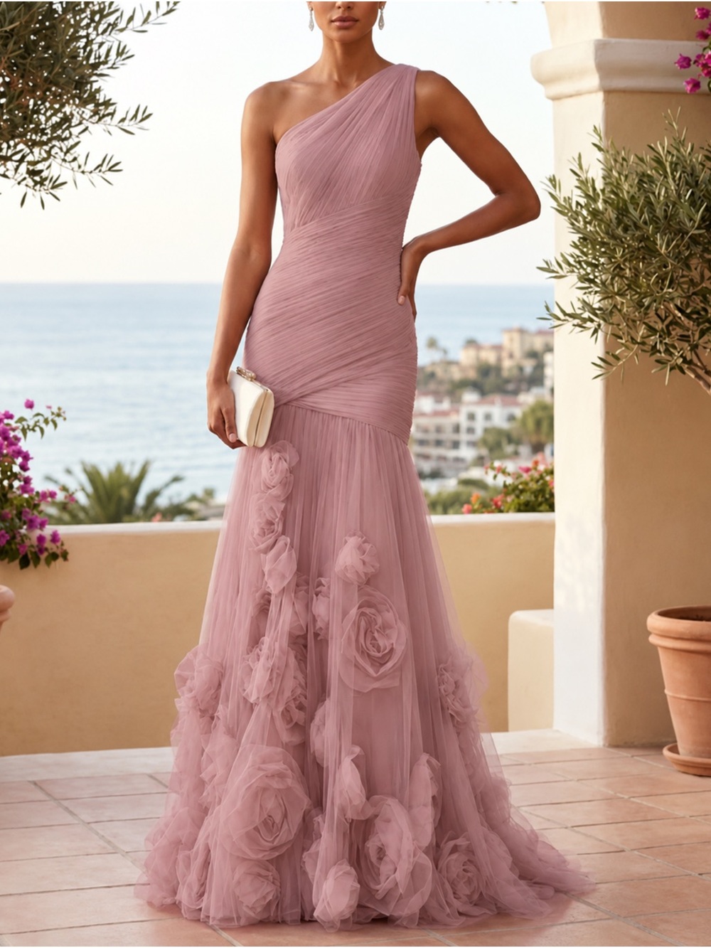 One-Shoulder Mauve Evening Gown